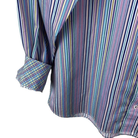 Men’s Bugatchi Uomo Flip Cuff Classic Fit Button Shirt Long Sleeves Striped Blue - Picture 6 of 12